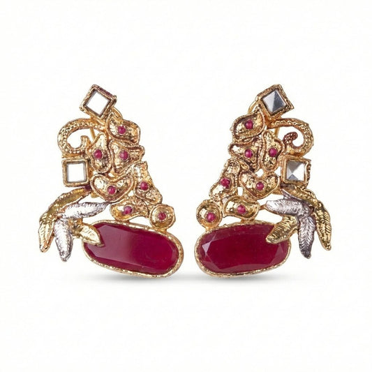 Hand Crafted Gold Plated Jhumka Earrings - Premium Stone Work - Pehnaawaa