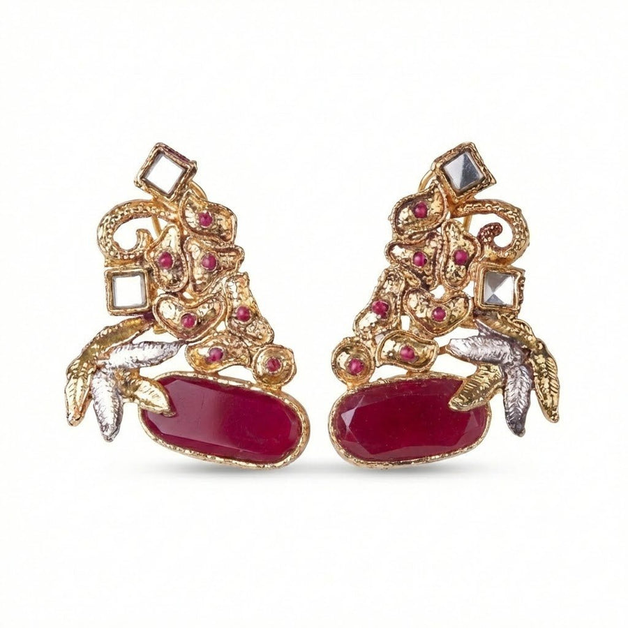 Hand Crafted Gold Plated Jhumka Earrings - Premium Stone Work - Pehnaawaa