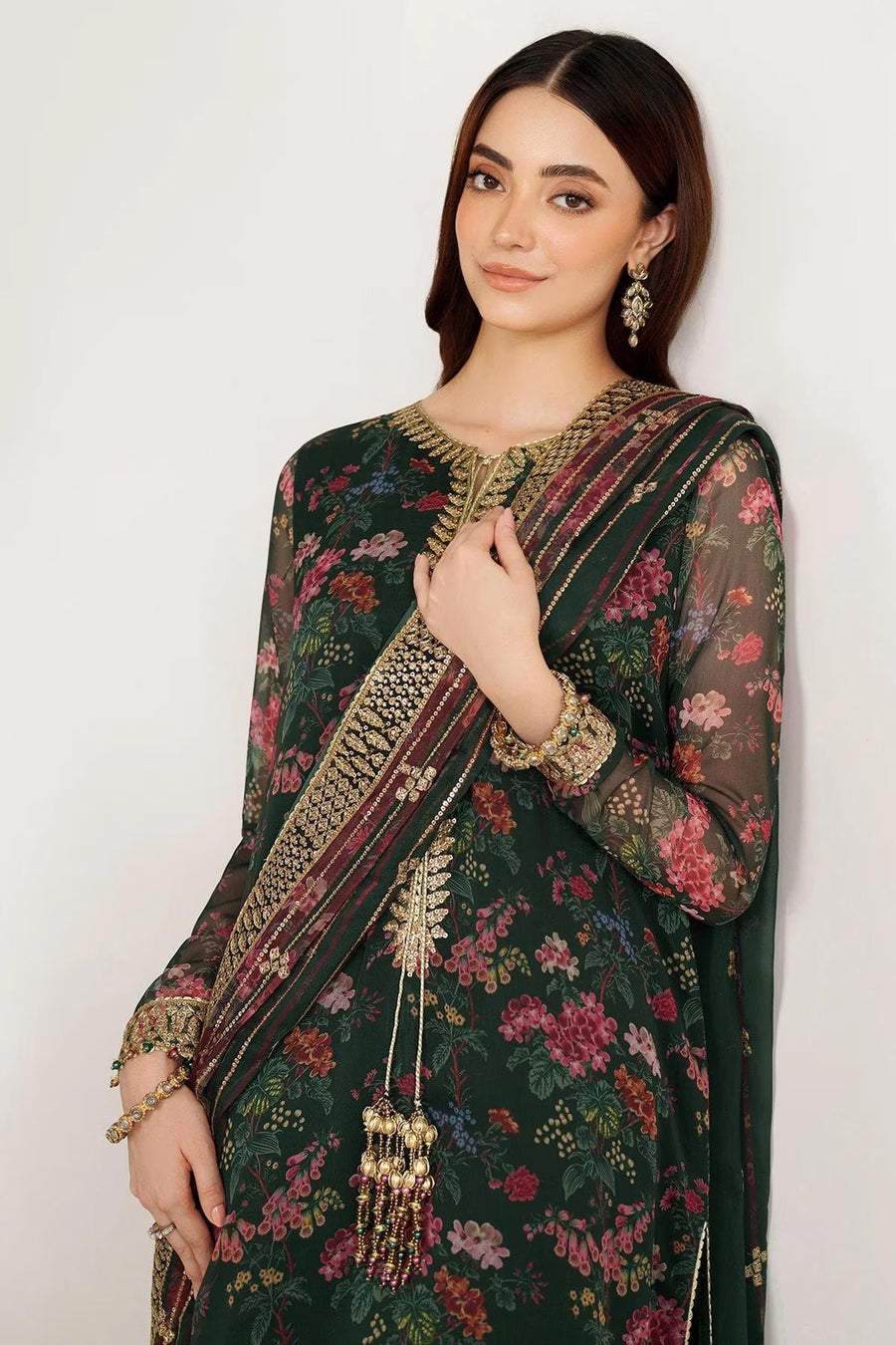 Pakistani Salwar Kameez: Dark Green Chiffon - Gold Embroidery