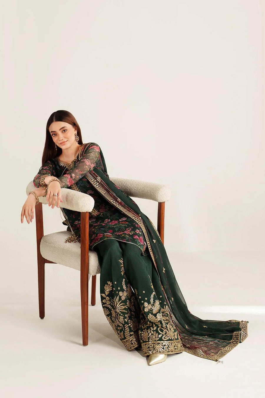 Pakistani Salwar Kameez: Dark Green Chiffon - Gold Embroidery