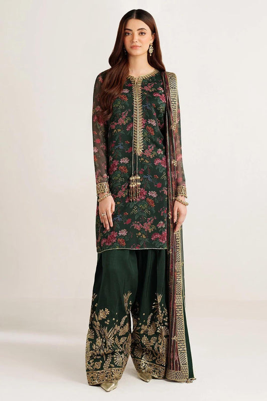 Pakistani Salwar Kameez: Dark Green Chiffon - Gold Embroidery