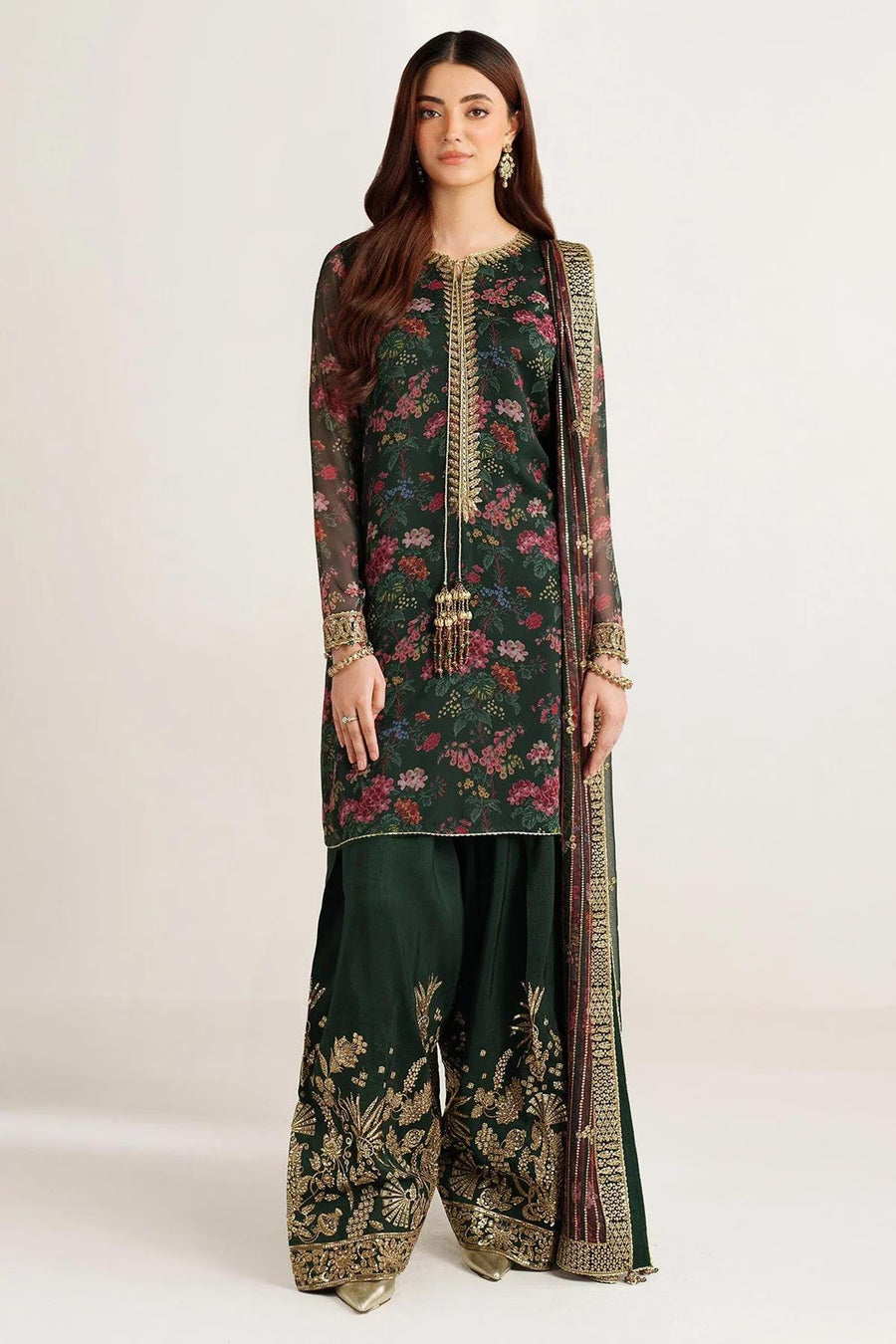 Pakistani Salwar Kameez: Dark Green Chiffon - Gold Embroidery