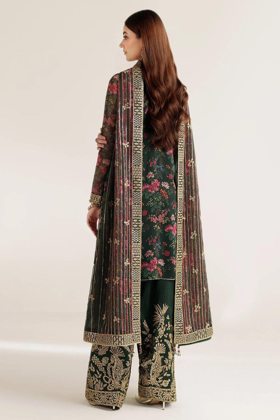 Pakistani Salwar Kameez: Dark Green Chiffon - Gold Embroidery