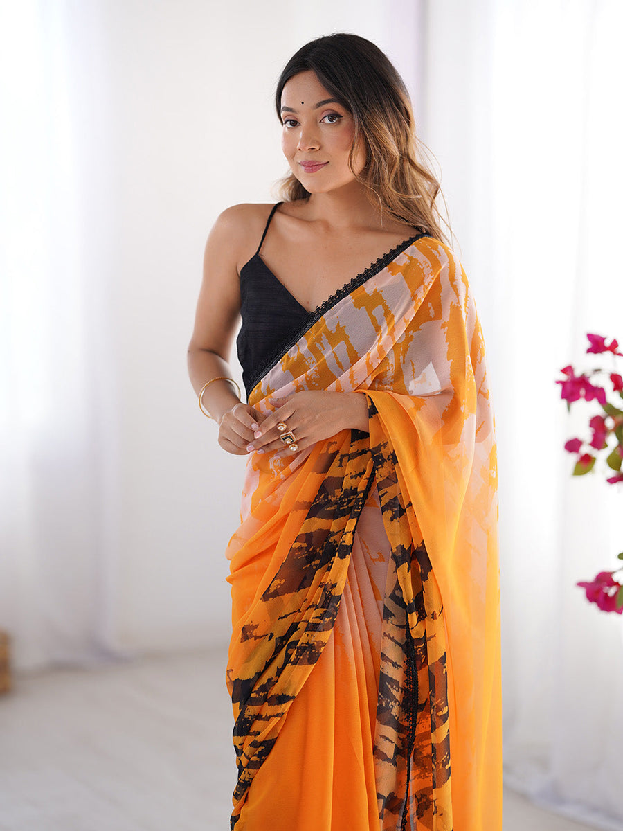 Orange & Black Printed Chiffon Saree With Blouse Piece - Pehnaawaa