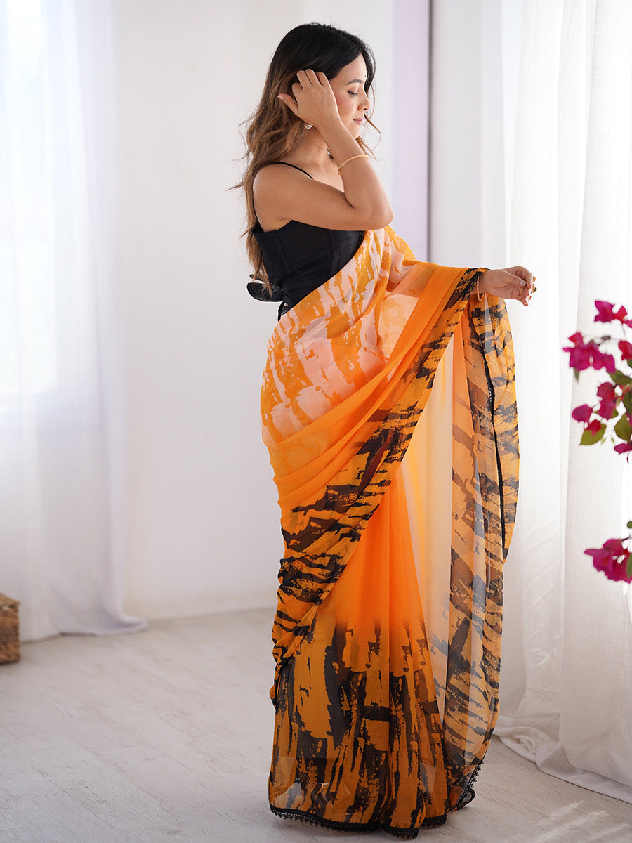 Orange & Black Printed Chiffon Saree With Blouse Piece - Pehnaawaa