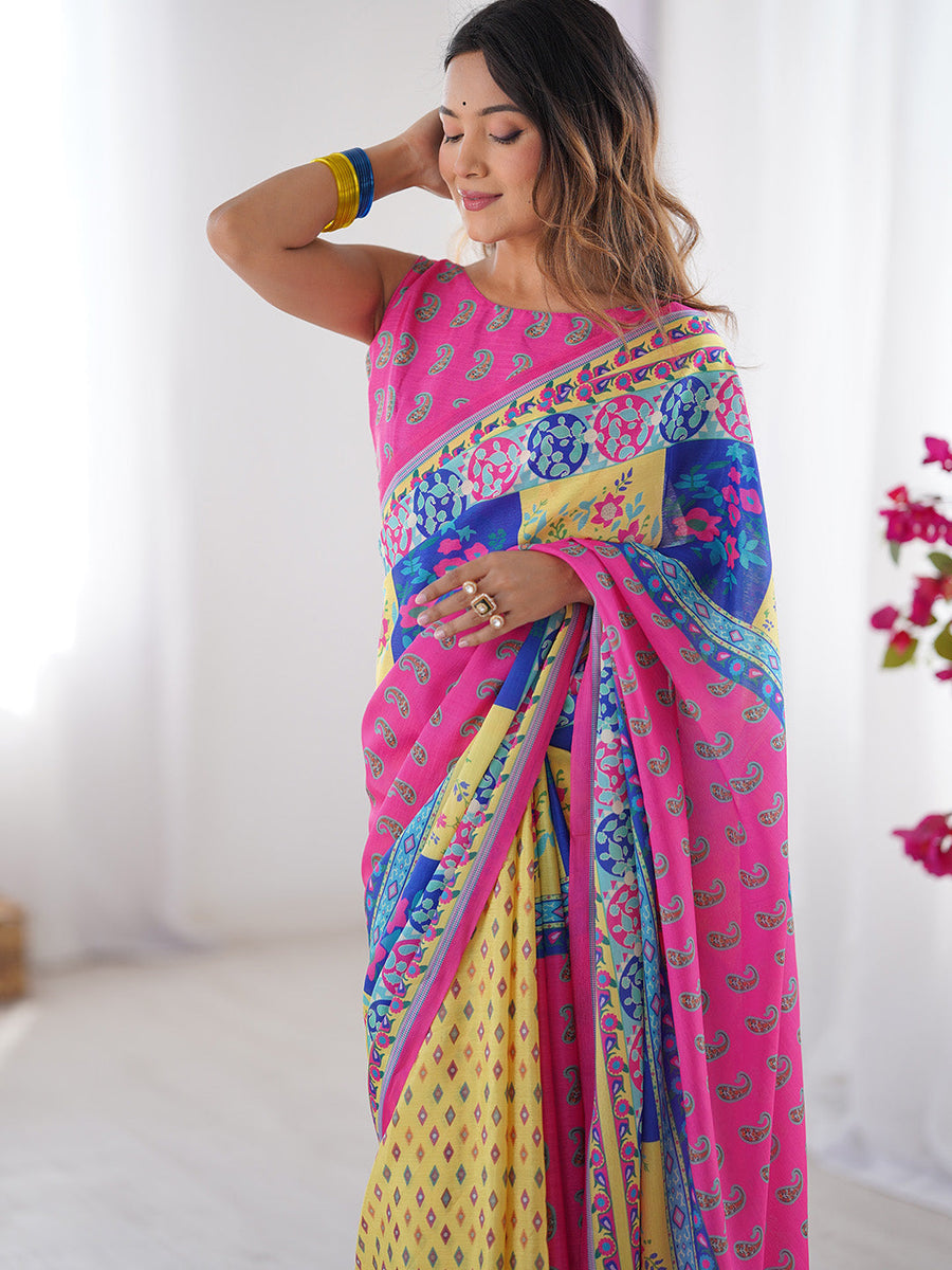 Multicolor Printed Chiffon Saree With Blouse Piece - Pehnaawaa
