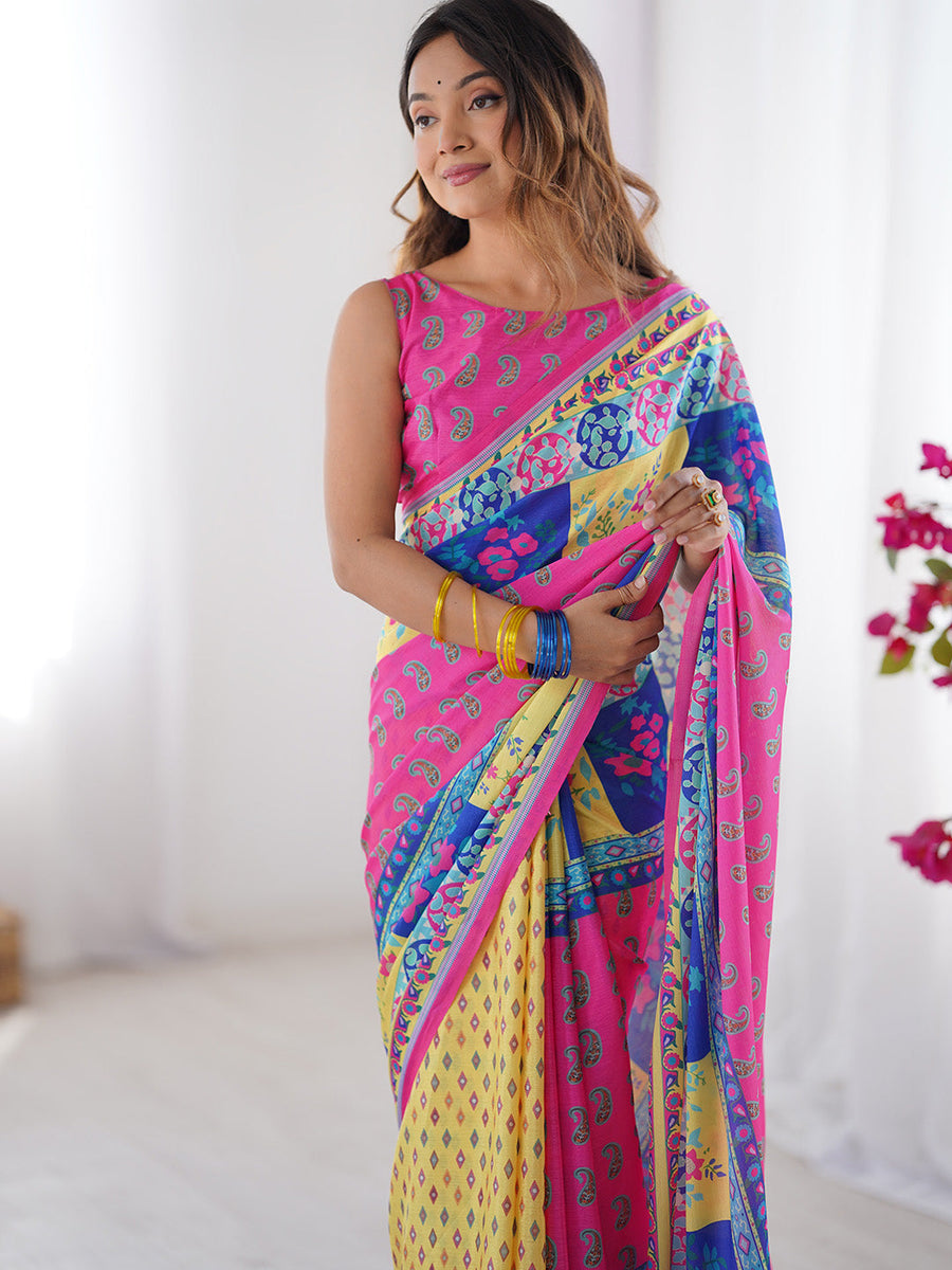 Multicolor Printed Chiffon Saree With Blouse Piece - Pehnaawaa