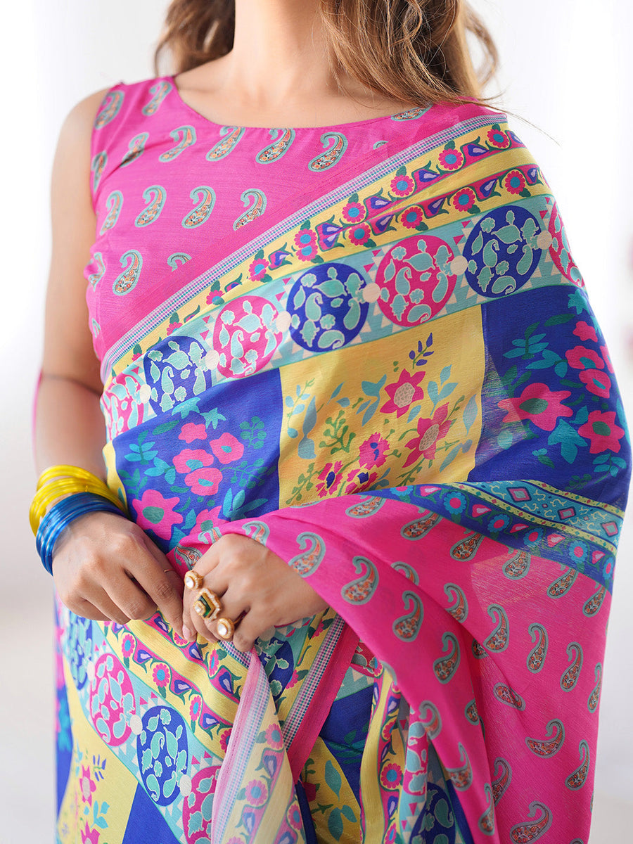 Multicolor Printed Chiffon Saree With Blouse Piece - Pehnaawaa