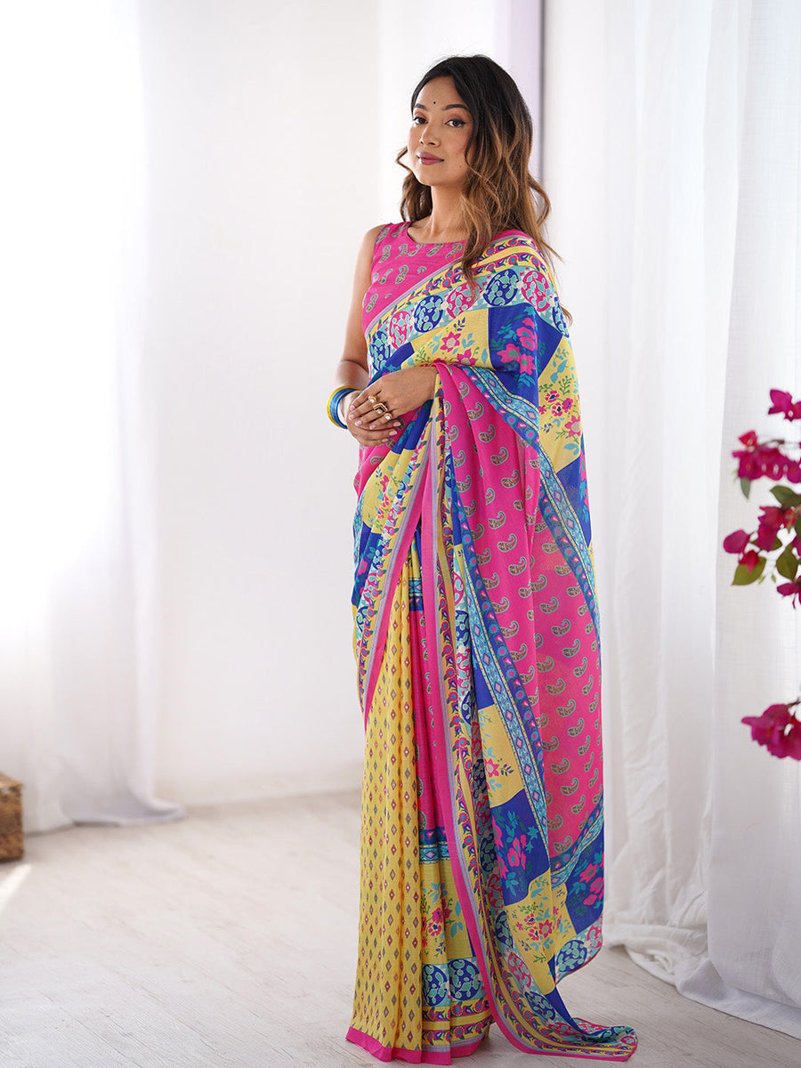 Multicolor Printed Chiffon Saree With Blouse Piece - Pehnaawaa