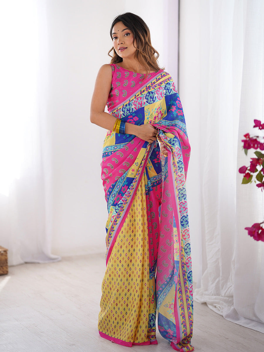 Multicolor Printed Chiffon Saree With Blouse Piece - Pehnaawaa