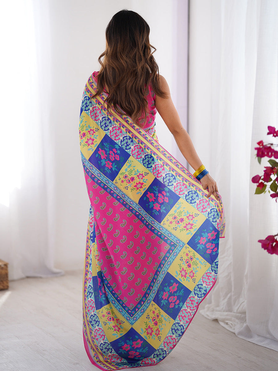Multicolor Printed Chiffon Saree With Blouse Piece - Pehnaawaa
