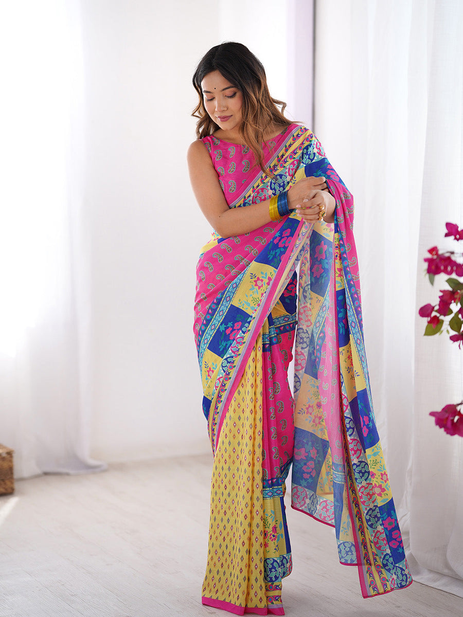 Multicolor Printed Chiffon Saree With Blouse Piece - Pehnaawaa