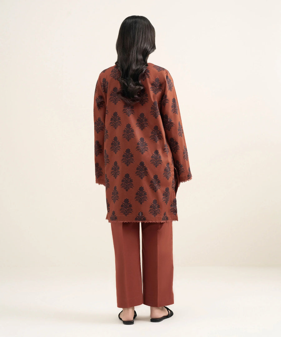 Rust Brown Printed Lawn Straight Shirt - Pehnaawaa