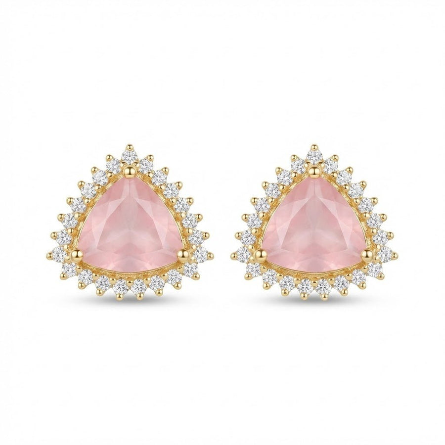 Gold-plated trillion cut soft pink gemstone stud earrings with clear halo stones on white background