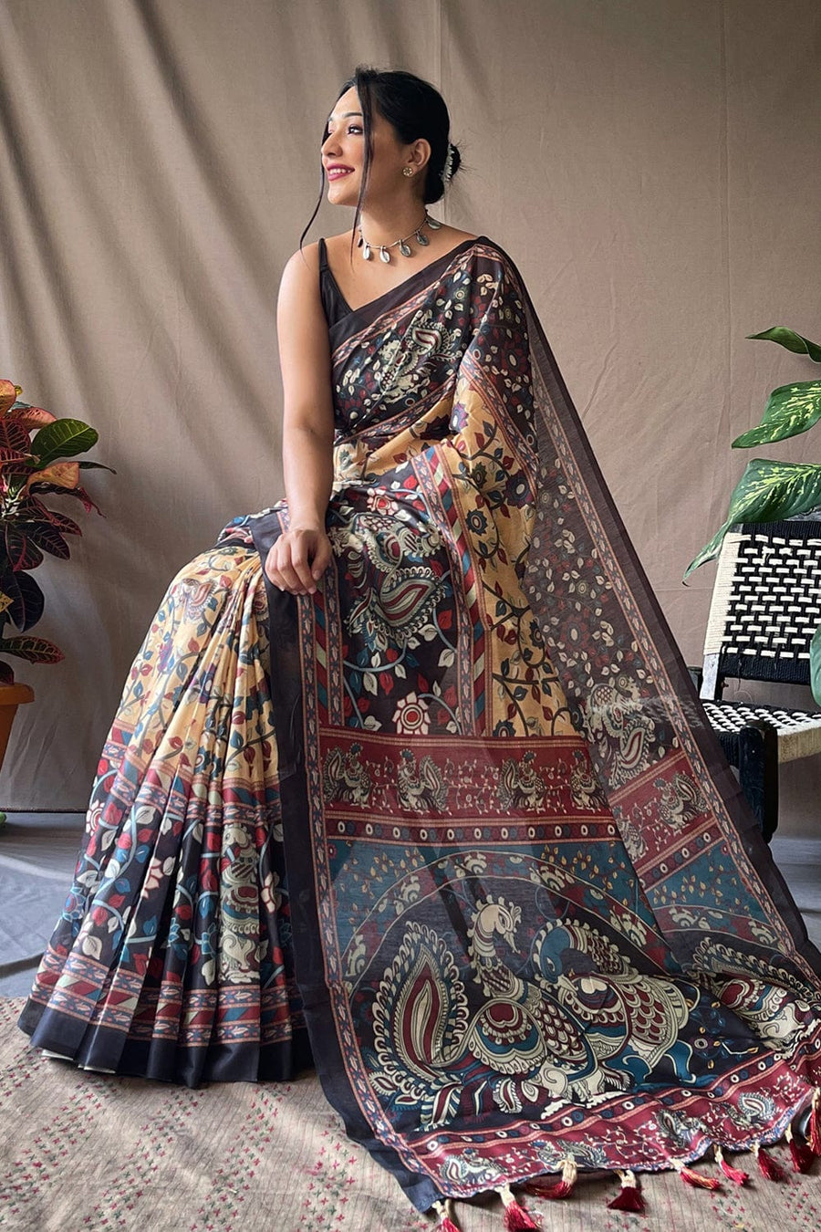 Yellow & Black Kalamkari Saree With Blouse Piece - Pehnaawaa
