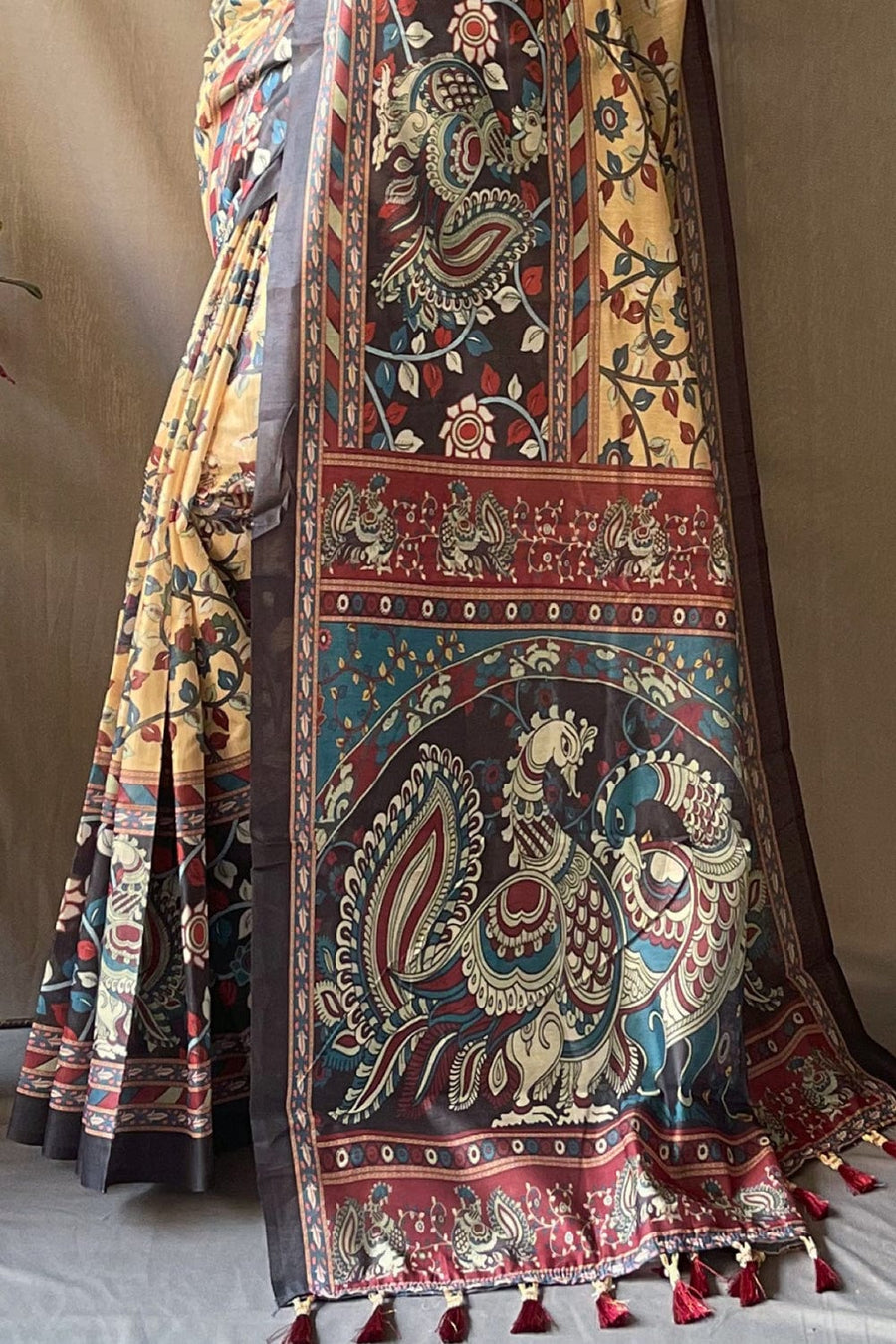 Yellow & Black Kalamkari Saree With Blouse Piece - Pehnaawaa