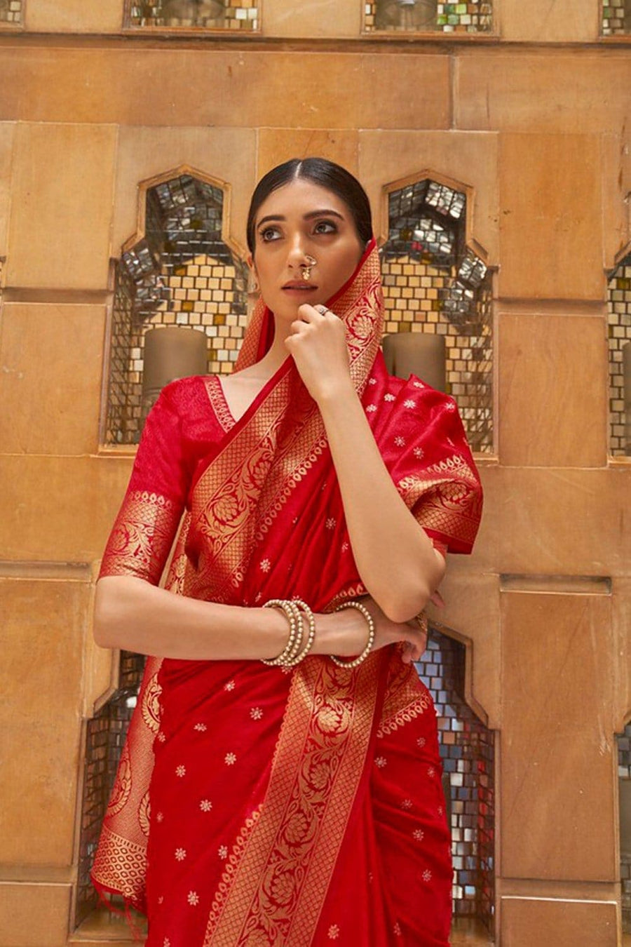 Bright Red Banarasi Saree - Pehnaawaa