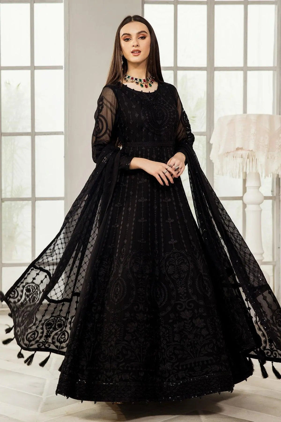 Koyal Black Embroidered Chiffon Anarkali Suit with Dupatta | Stitched & Unstitched