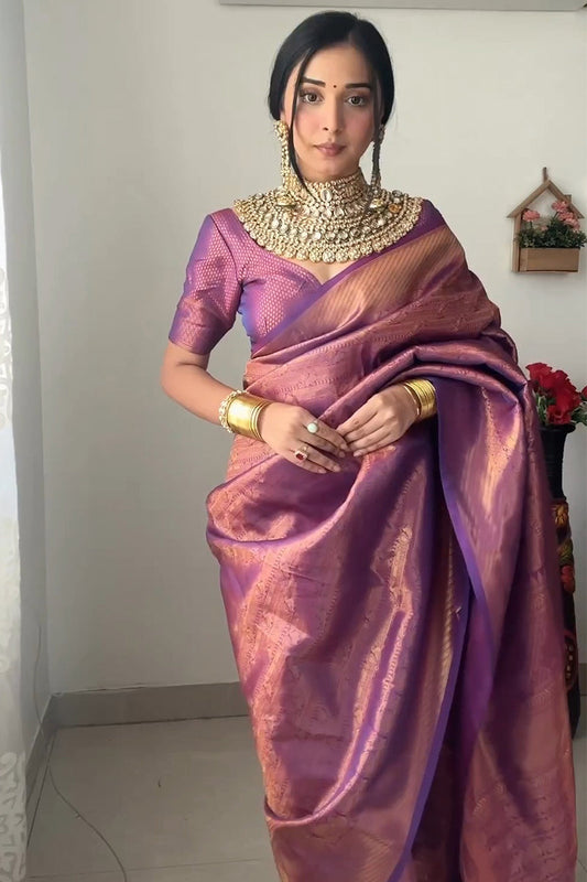 Enticing 1-Minute Ready To Wear Purple Kanjivaram Silk Saree