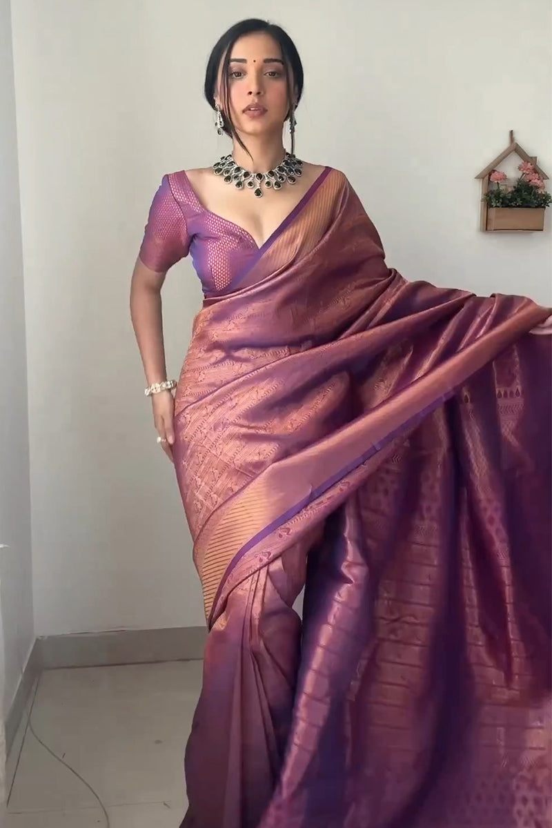 Purple Kanjivaram Silk 1-Minute Ready-to-Wear Saree - Pehnaawaa