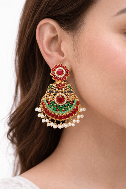 Lavish Nauratan Earrings - Premium 9 - Stone Statement Jewelry - Pehnaawaa