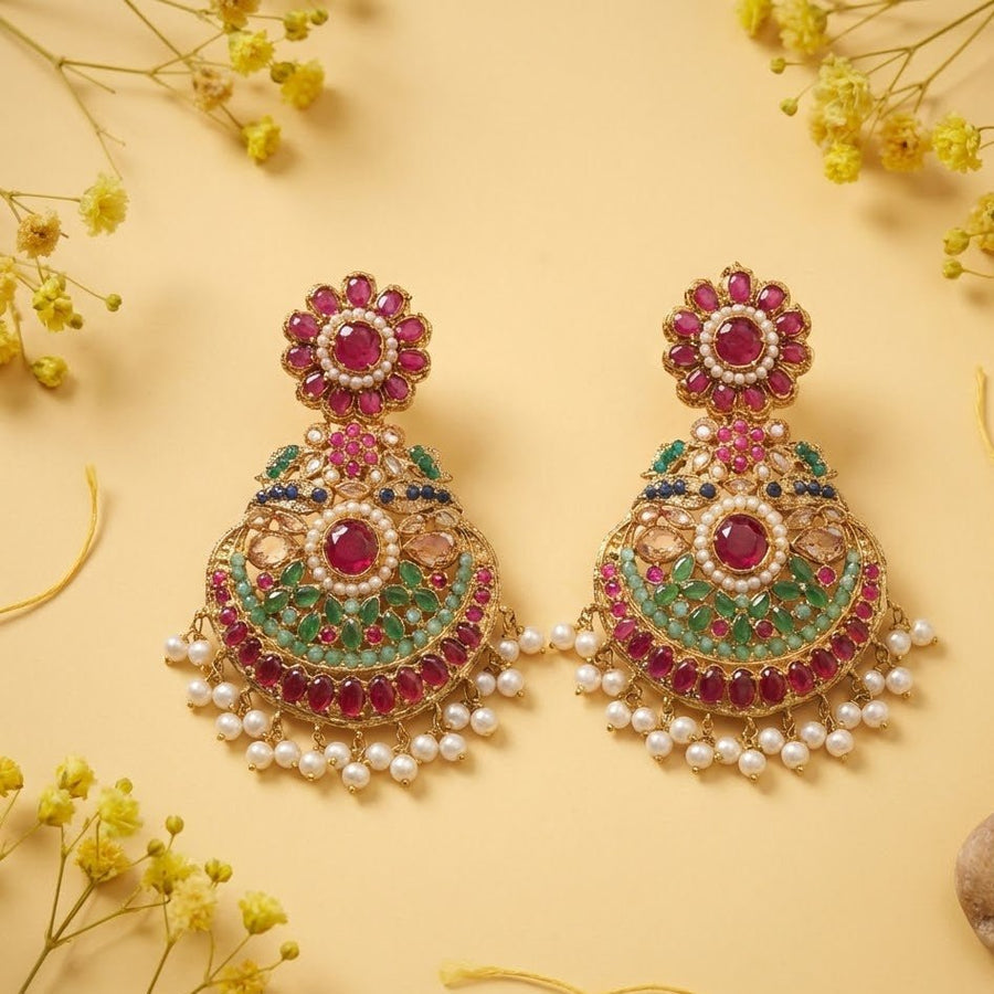 Lavish Nauratan Earrings - Premium 9 - Stone Statement Jewelry - Pehnaawaa