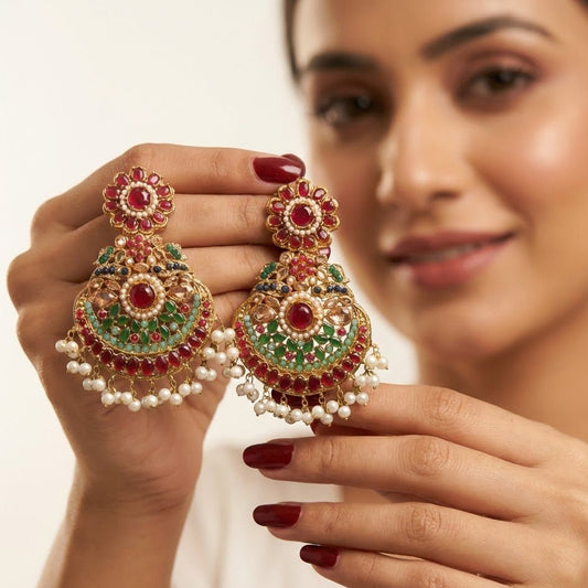 Lavish Nauratan Earrings - Premium 9 - Stone Statement Jewelry - Pehnaawaa