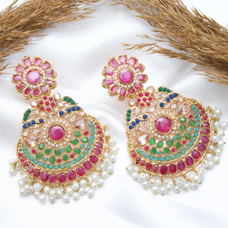 Lavish Nauratan Earrings - Premium 9 - Stone Statement Jewelry - Pehnaawaa