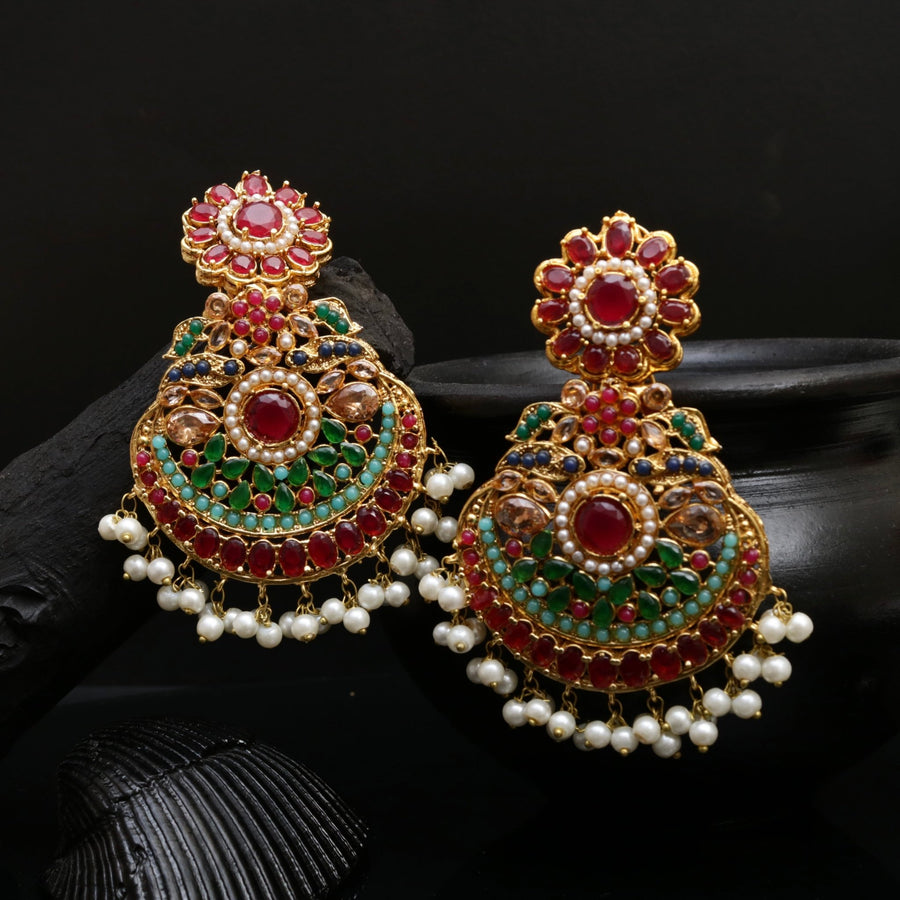 Lavish Nauratan Earrings - Premium 9 - Stone Statement Jewelry - Pehnaawaa