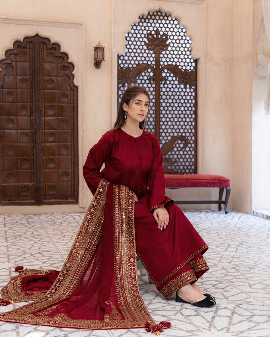 Mahroon Mystique | Embroidered Suit