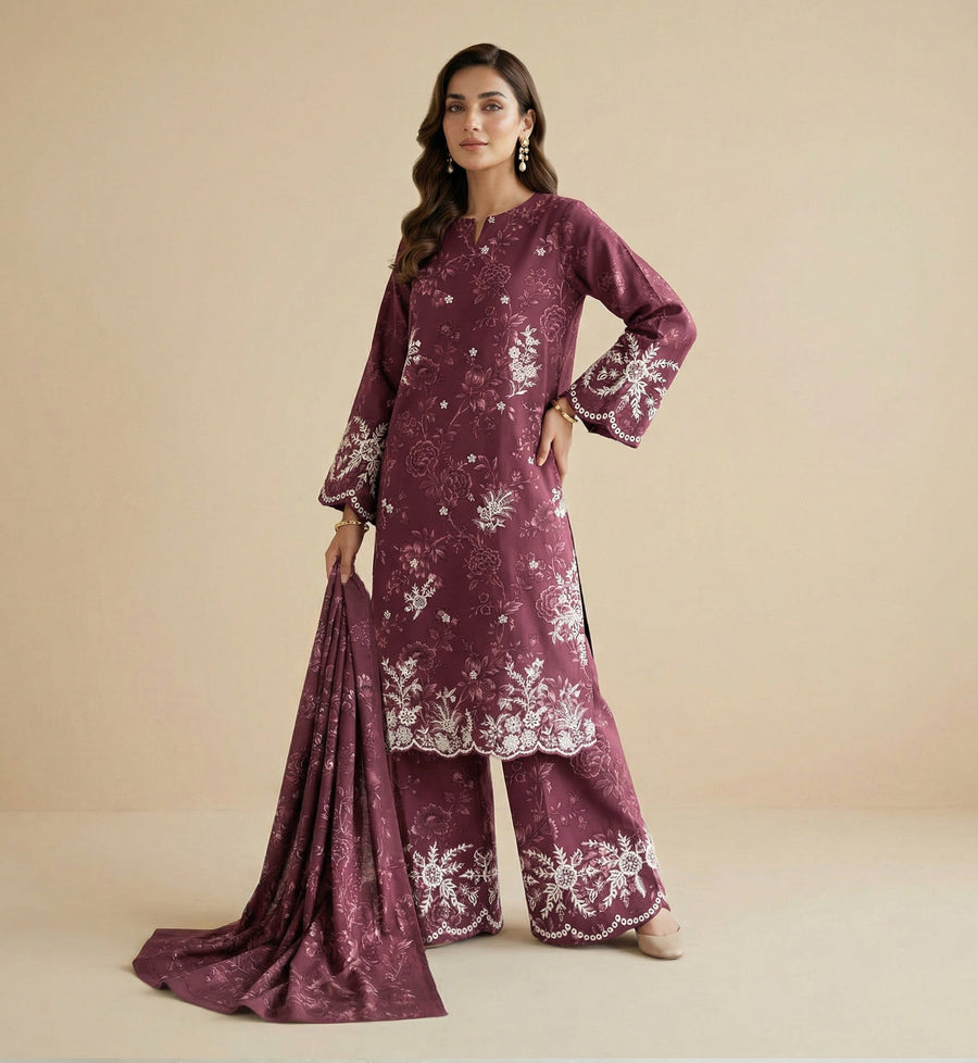 Plum Chikankari Lawn Ensemble – 3 Piece Suit