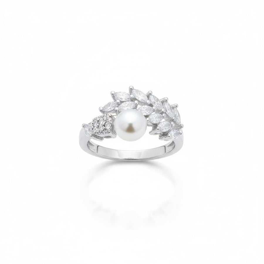Front view of a silver ring with a central pearl and leaf-shaped zirconia accents, photographed on a clean white background.
