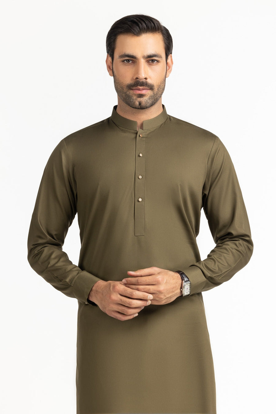 Sage Green Cashmere Silk 2-Piece Kurta | Mandarin Collar