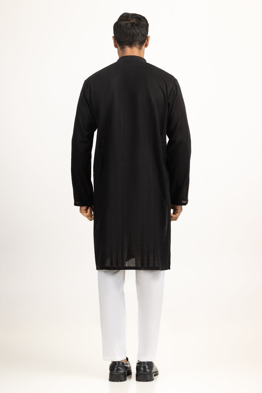 Midnight Black Mulberry Silk 2-Piece Kurta | Henley Neckline
