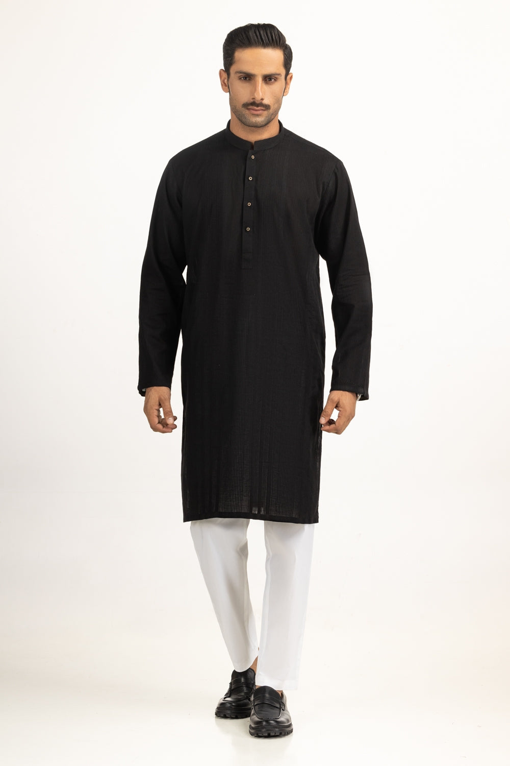 Midnight Black Mulberry Silk 2-Piece Kurta | Henley Neckline