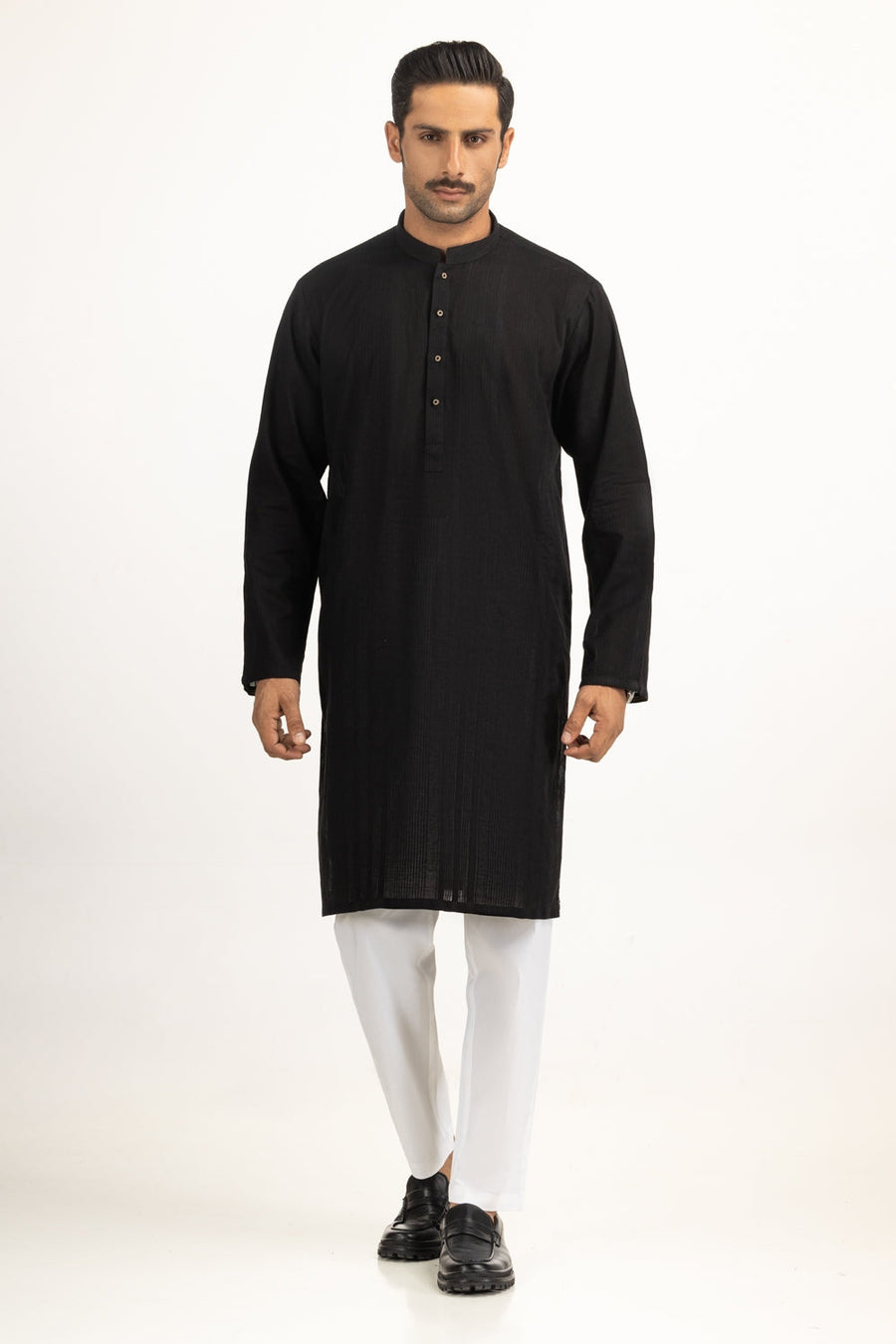 Midnight Black Mulberry Silk 2-Piece Kurta | Henley Neckline