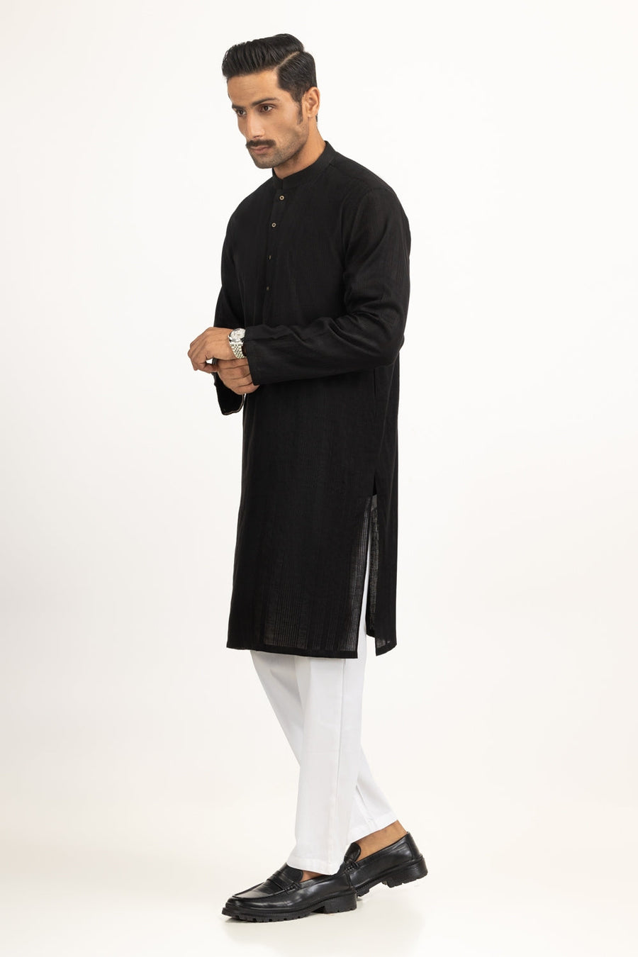 Midnight Black Mulberry Silk 2-Piece Kurta | Henley Neckline