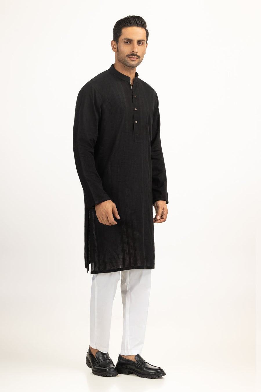 Midnight Black Mulberry Silk 2-Piece Kurta | Henley Neckline