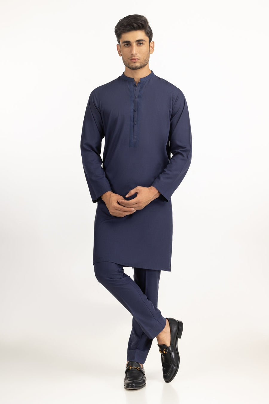 Midnight Navy Cotton 2-Piece Kurta Pajama | Mandarin Collar