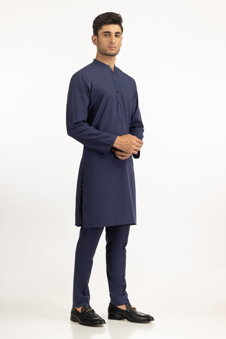 Midnight Navy Cotton 2-Piece Kurta Pajama | Mandarin Collar