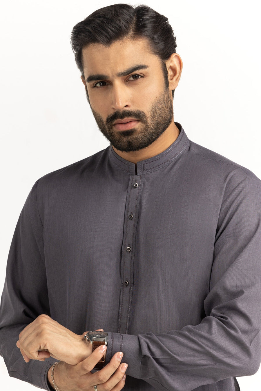 Slate Grey Blended Fabric Men's Kurta | Mandarin Collar