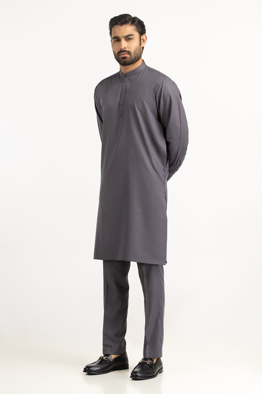 Slate Grey Blended Fabric Men's Kurta | Mandarin Collar