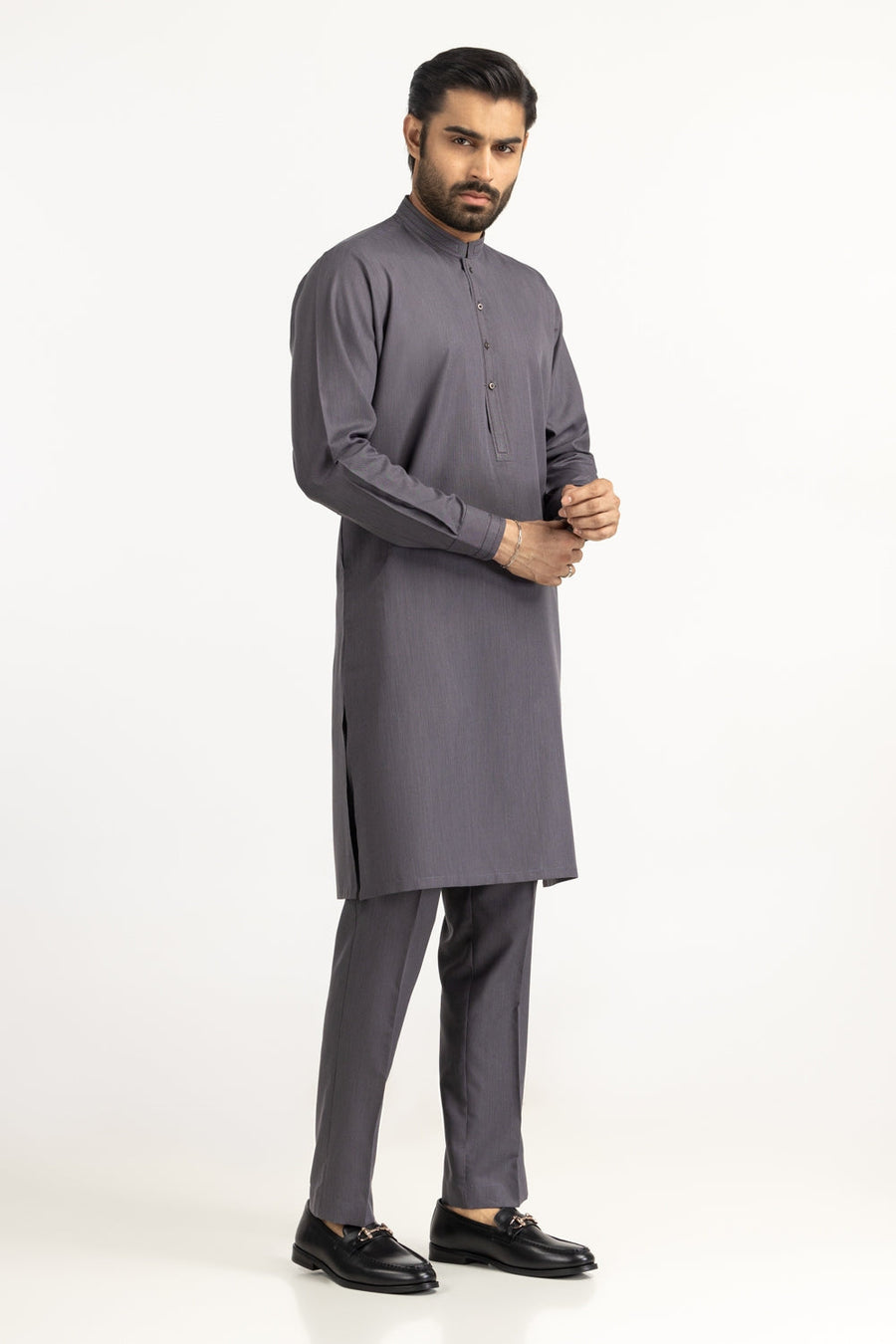 Slate Grey Blended Fabric Men's Kurta | Mandarin Collar