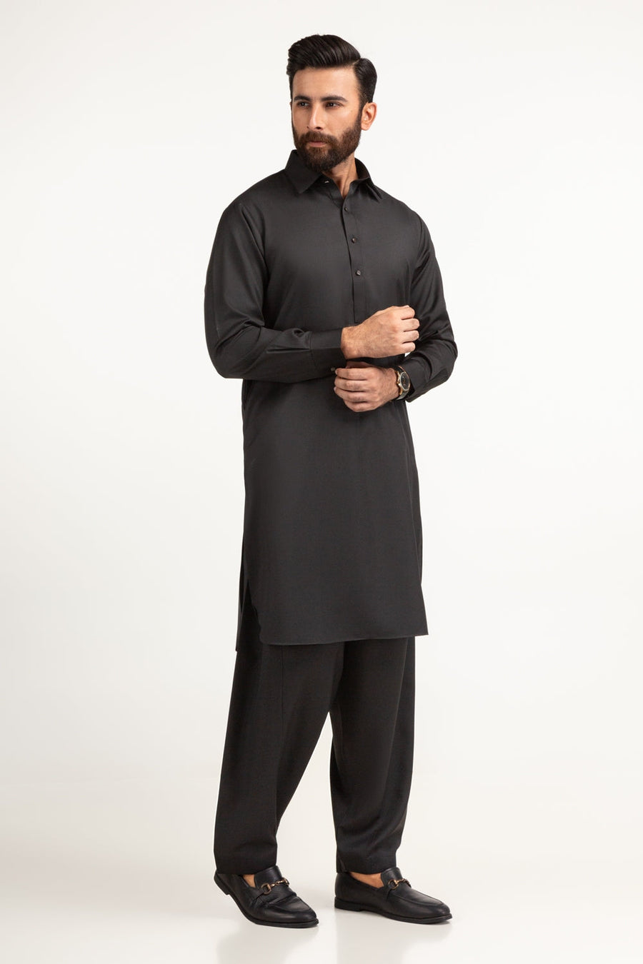 Midnight Cotton Kurta 2-Piece | Classic Collar Half-Button