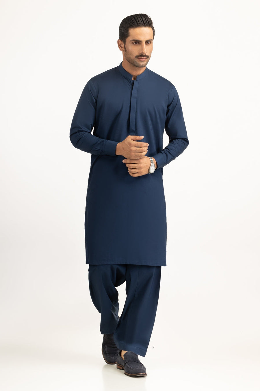 Midnight Navy Mulberry Silk 2-Piece Kurta | Mandarin Collar