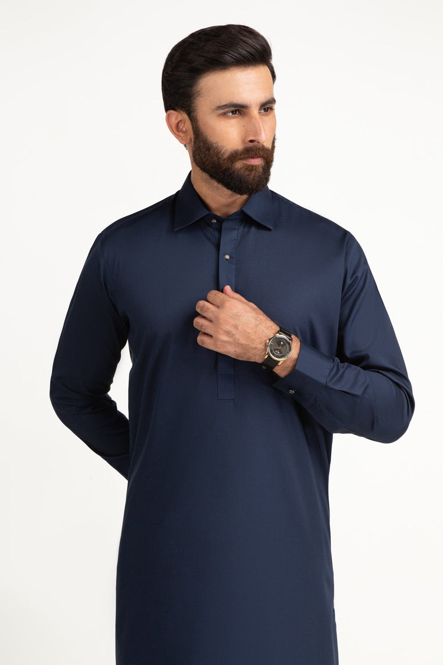 Midnight Navy Cotton 3-Piece Kurta | Tailored Collar