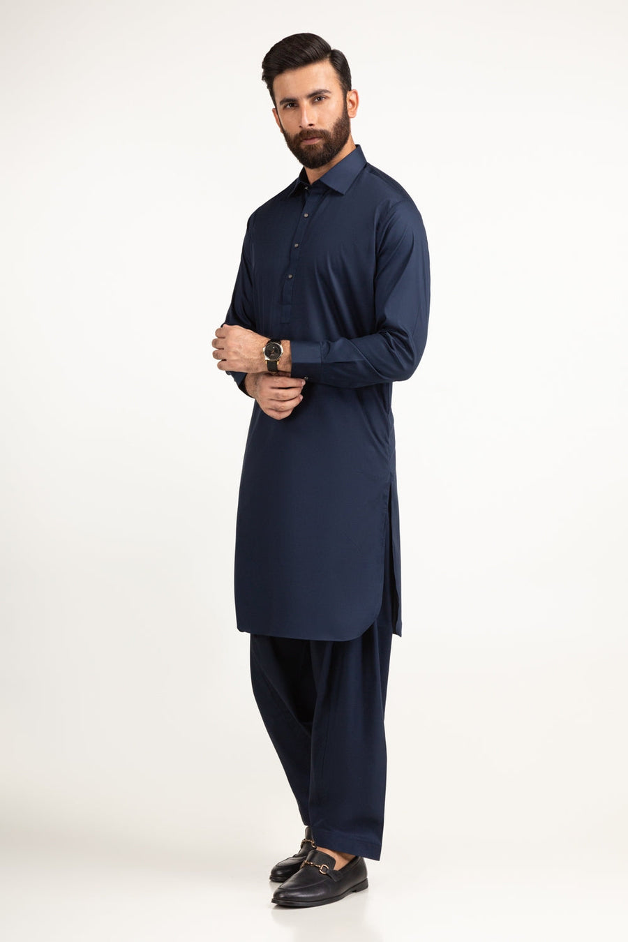 Midnight Navy Cotton 3-Piece Kurta | Tailored Collar