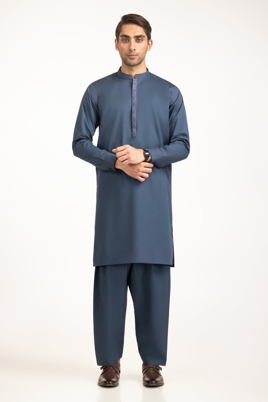 Slate Blue Mulberry Silk 3-Piece Kurta | Tilla Embroidery