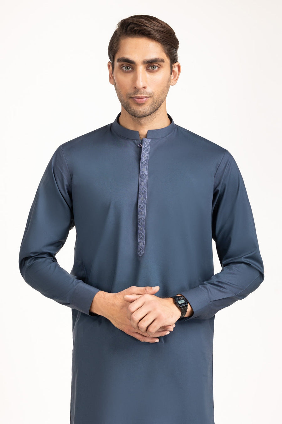 Slate Blue Mulberry Silk 3-Piece Kurta | Tilla Embroidery