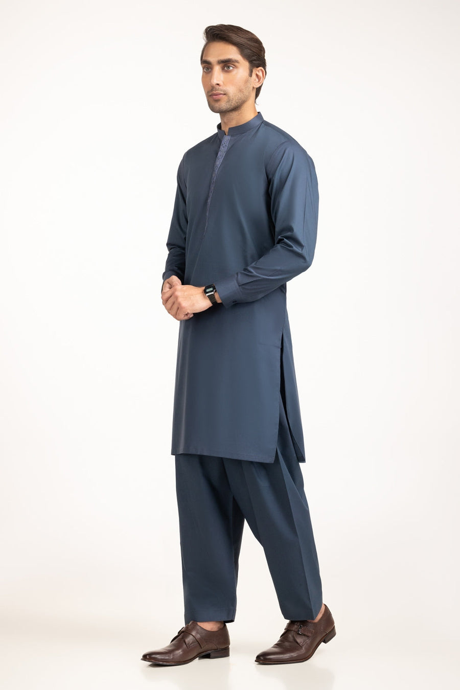 Slate Blue Mulberry Silk 3-Piece Kurta | Tilla Embroidery